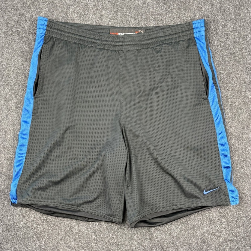 Y2K Nike Basketball Mesh Shorts Mens XXL Grey Blue Striped Athletic Gym Pockets